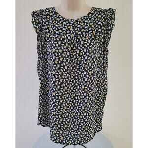 LOFT Women's Black, White, Yellow Lemon Print Flutter Cap sleeve top--Sz Med